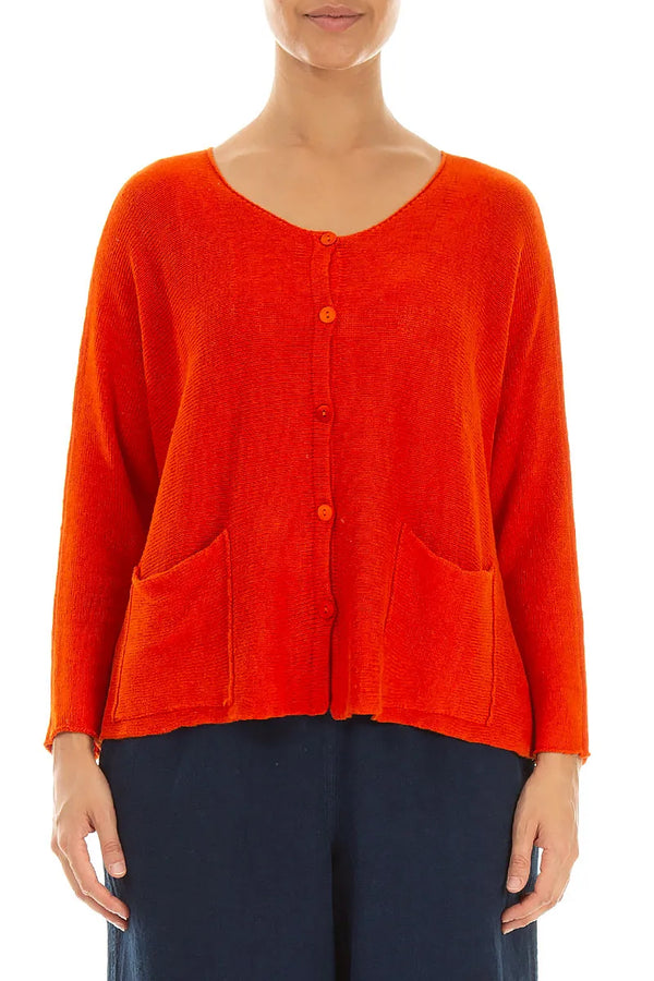 A-Line Two Pockets Flame Orange Linen Jumper 1