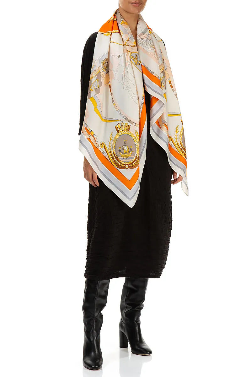 Antique Printed Beige Orange Tones Silk Scarf