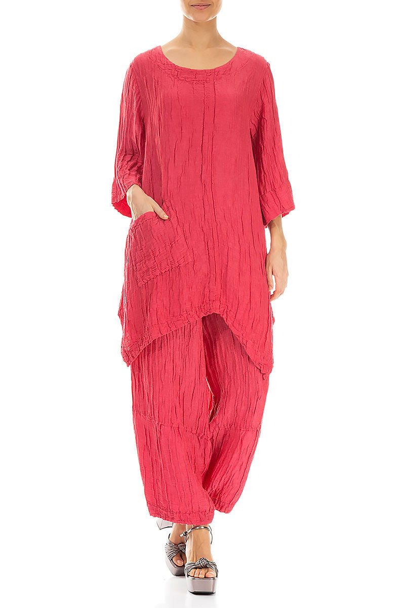 Asymmetric Crinkled Raspberry Silk Linen Tunic 4