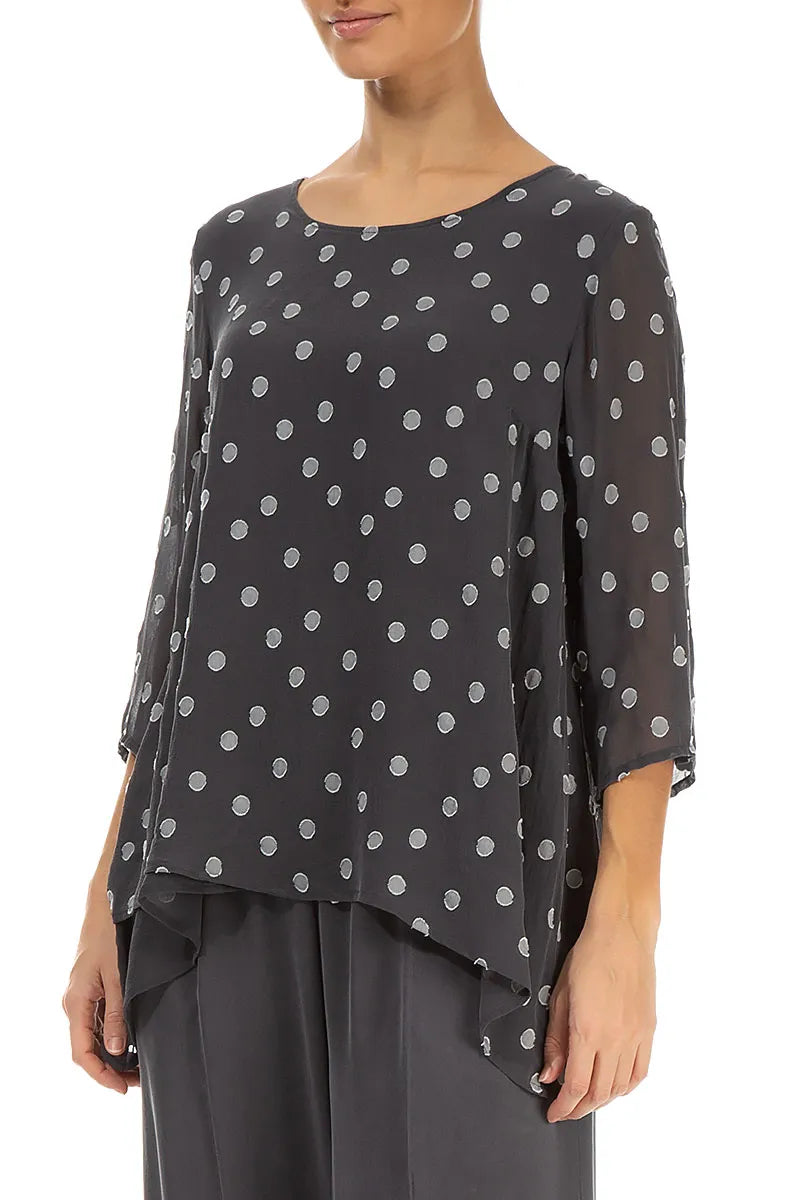 Asymmetric Black Silver Dotty Silk Blouse 3