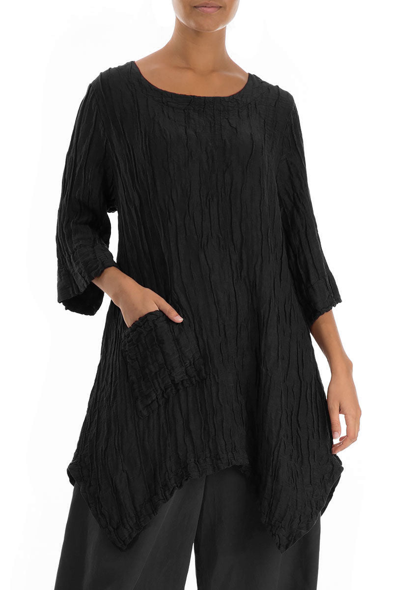 Asymmetric Crinkled Black Silk Linen Tunic 3