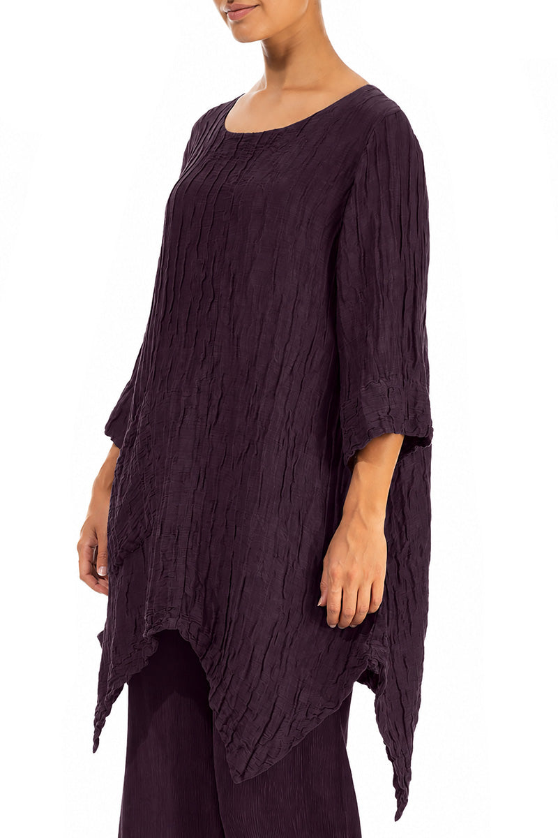 Asymmetric Crinkled Deep Plum Silk Linen Tunic