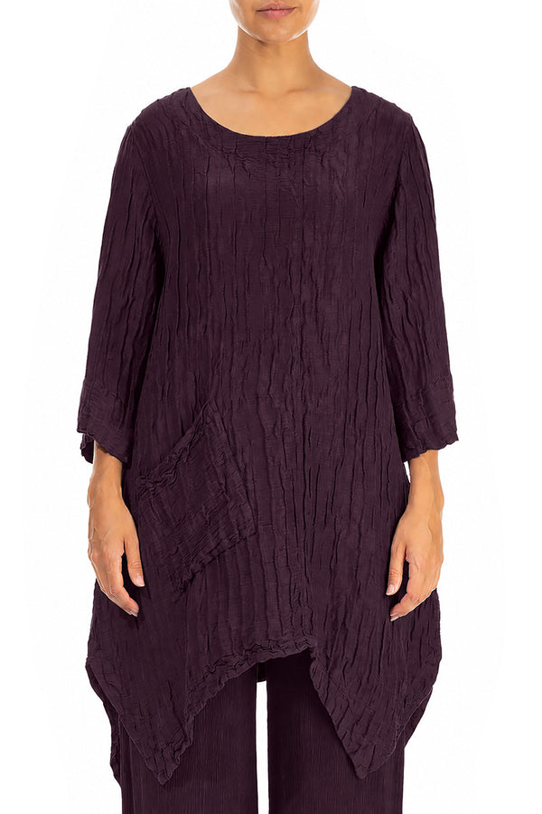 Asymmetric Crinkled Deep Plum Silk Linen Tunic