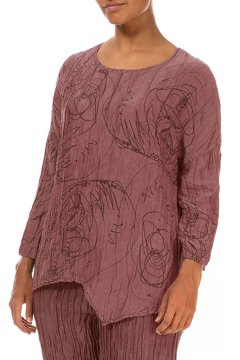 Asymmetric Crinkled Dusty Rose Abstract Draw Silk Blouse 3