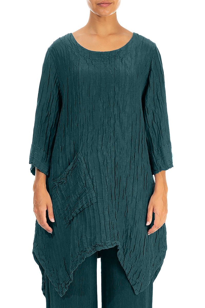 Asymmetric Crinkled Peacock Silk Linen Tunic 1