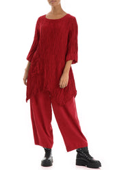 Asymmetric Crinkled Cherry Red Silk Linen Tunic 4
