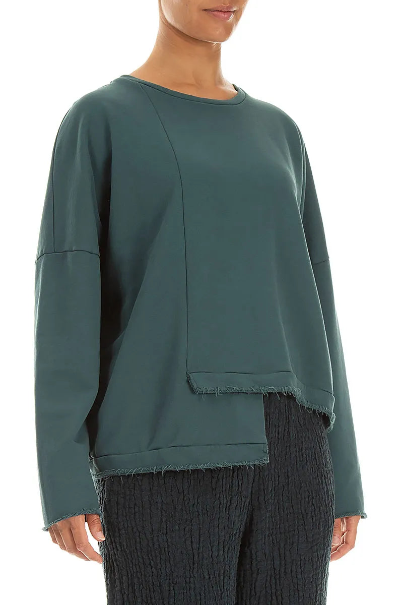 Asymmetrische Dunkeltürkis-Bluse aus French-Terry-Baumwolle