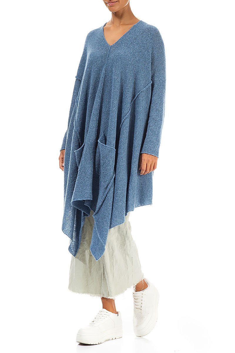 Asymmetrischer Wollpullover mit V-Ausschnitt in Petrolblau