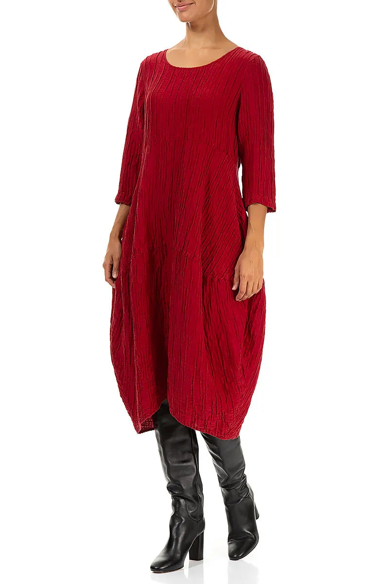 Balloon Crinkled Cherry Red Silk Linen Dress 3