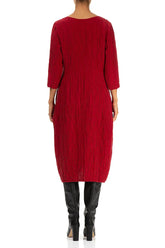 Balloon Crinkled Cherry Red Silk Linen Dress 2