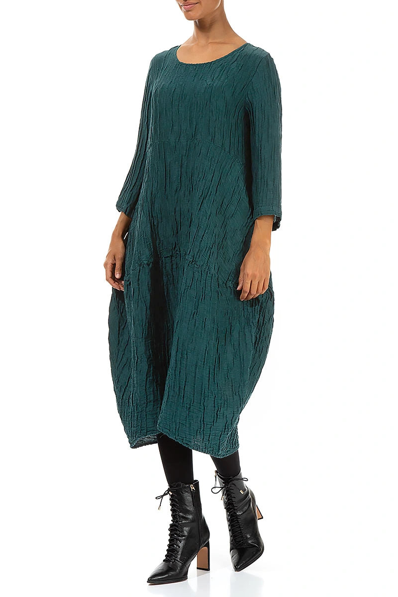 Balloon Crinkled Peacock Silk Linen Dress 3