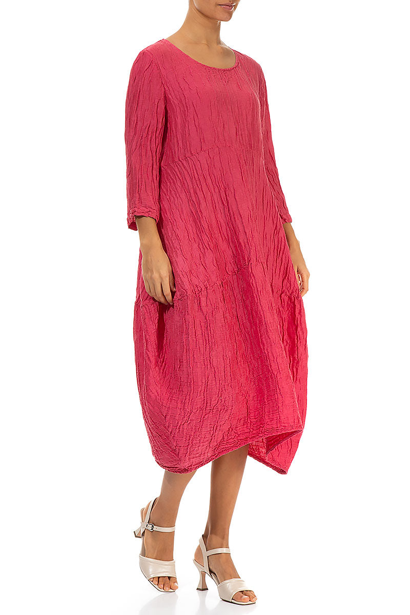 Balloon Crinkled Raspberry Silk Linen Dress 3