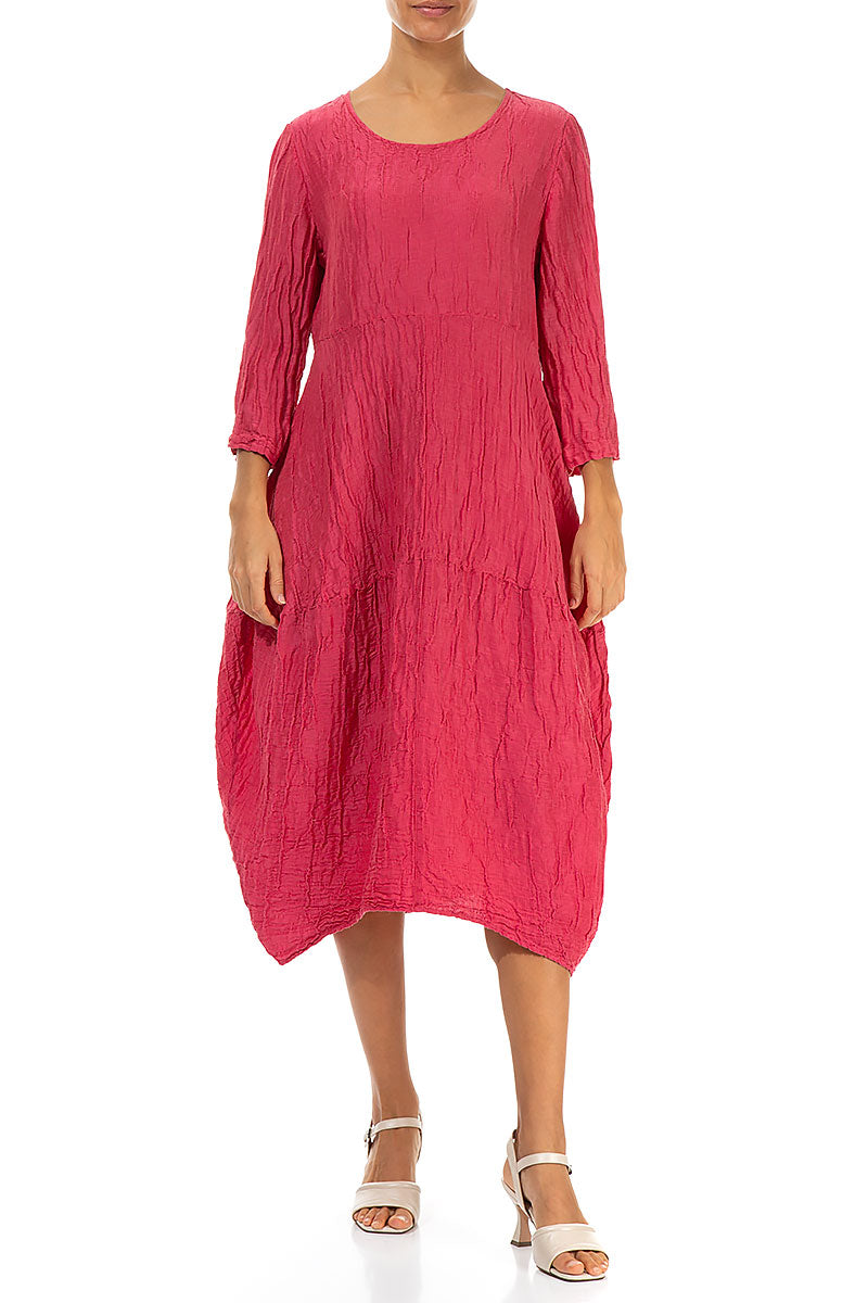 Balloon Crinkled Raspberry Silk Linen Dress 4