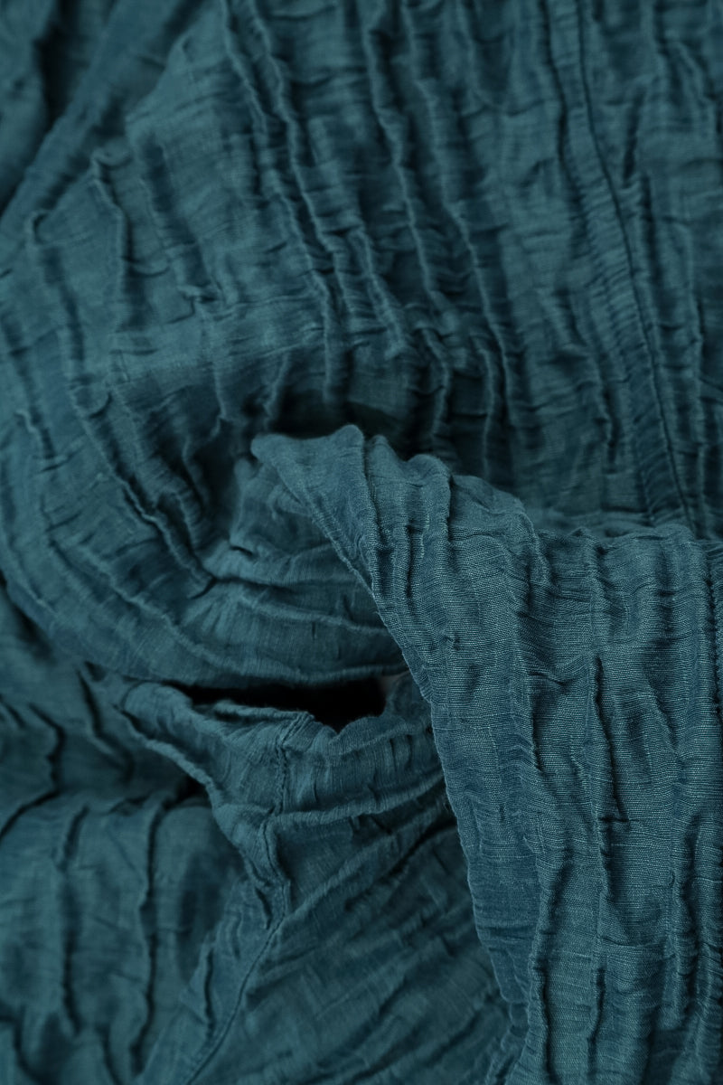 Balloon Cropped Sleeves Crinkled Deep Turquoise Silk Linen Dress 5