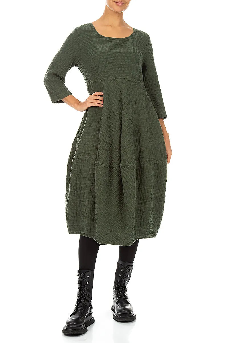 Balloon Cropped Sleeves Forest Mist Textured Linen Dress 4