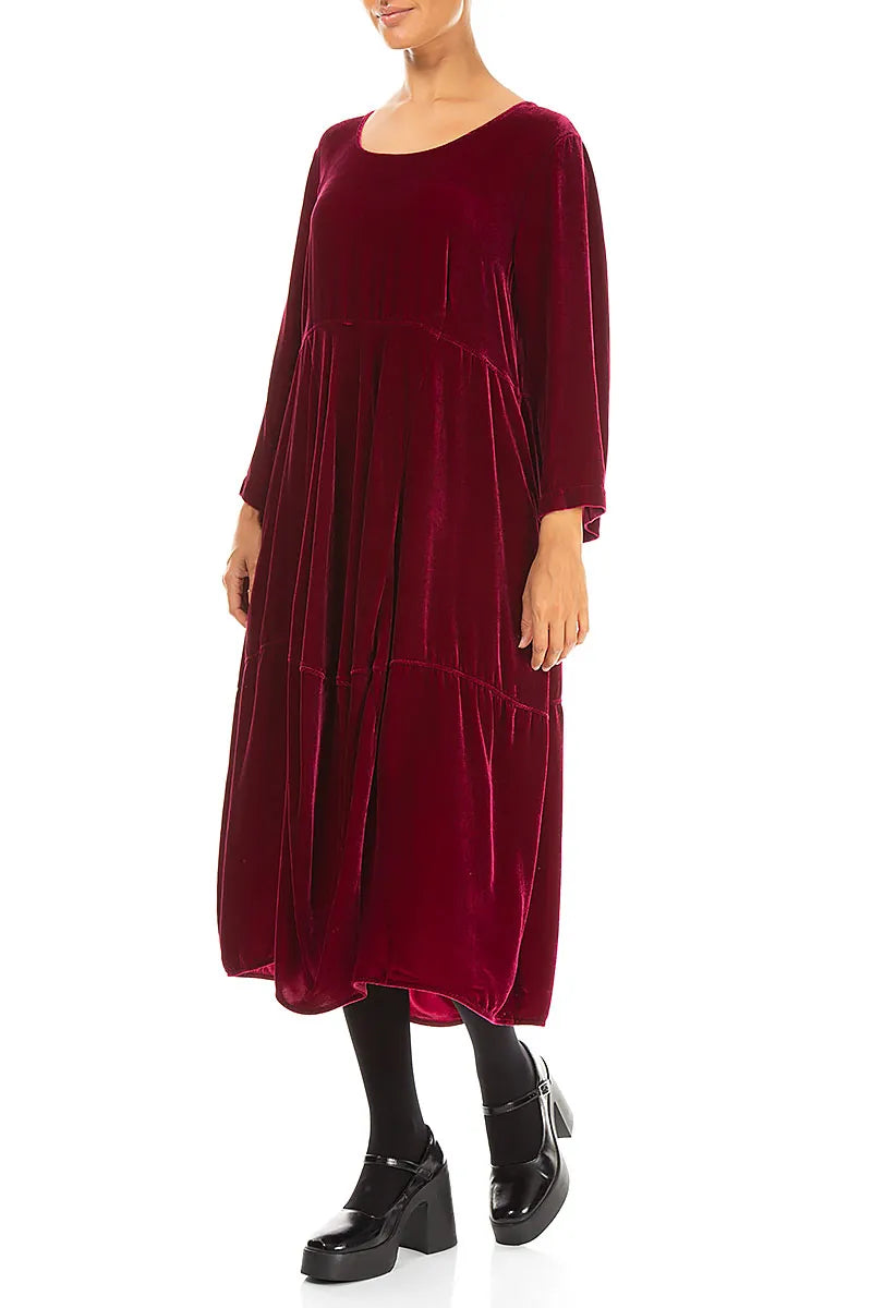 Balloon Cropped Sleeves Ruby Silk Velvet Dress 3