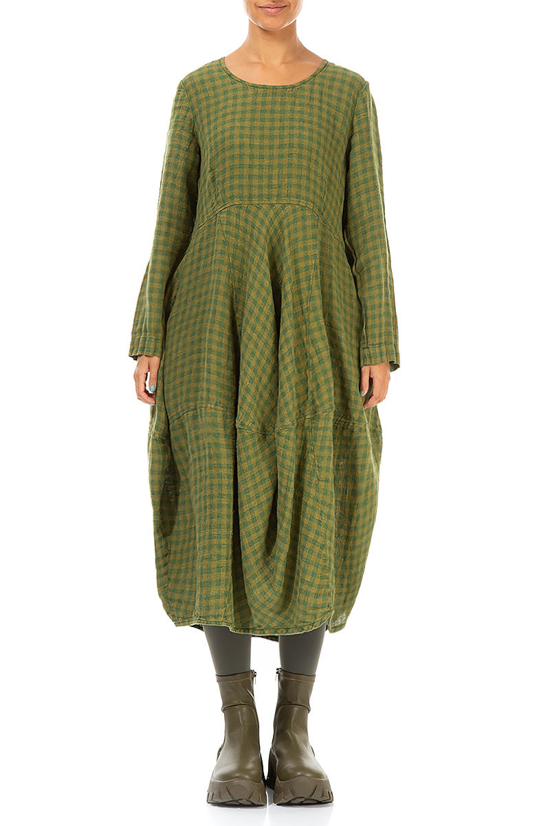 Balloon Green Check Linen Dress 1