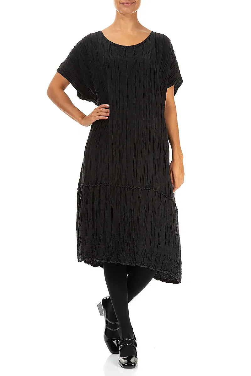 Black Crinkled Silk Linen Dress