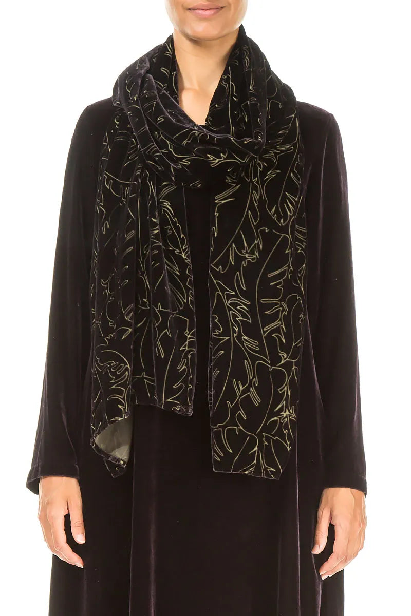 Écharpe en velours de soie à plumes dévorées noir et argent