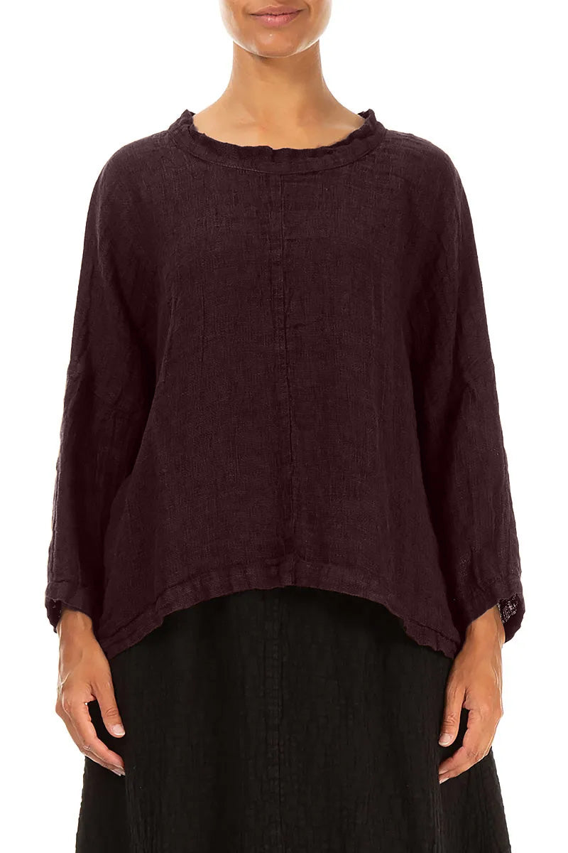 Kastenförmige Leinenbluse in Aubergine-Mélange
