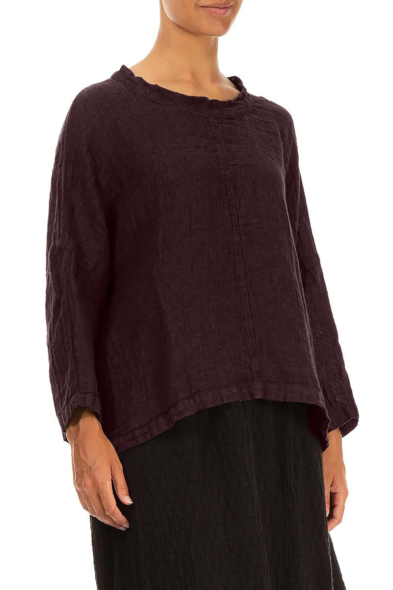 Kastenförmige Leinenbluse in Aubergine-Mélange