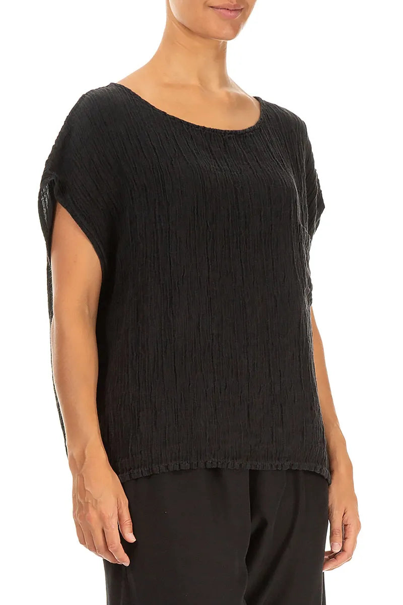 Boxy Black Crinkled Silk Blouse