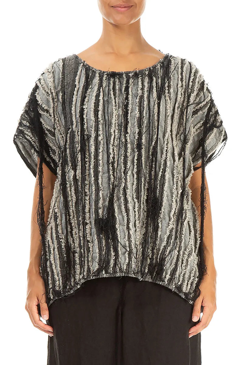 Boxy Black Textured Linen Blouse