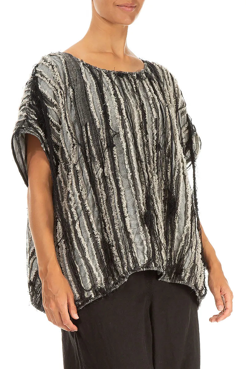 Boxy Black Textured Linen Blouse