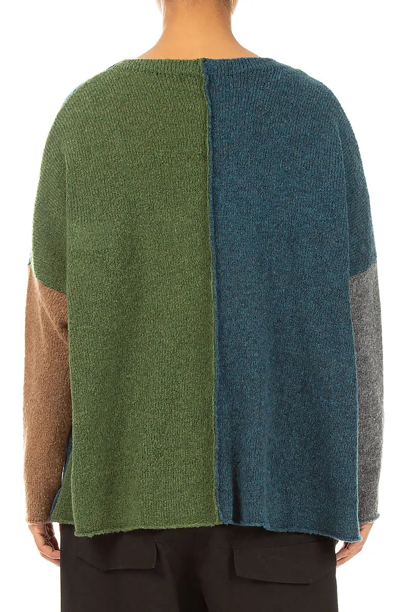 Boxy Colour-Block Green Teal Wool Sweater