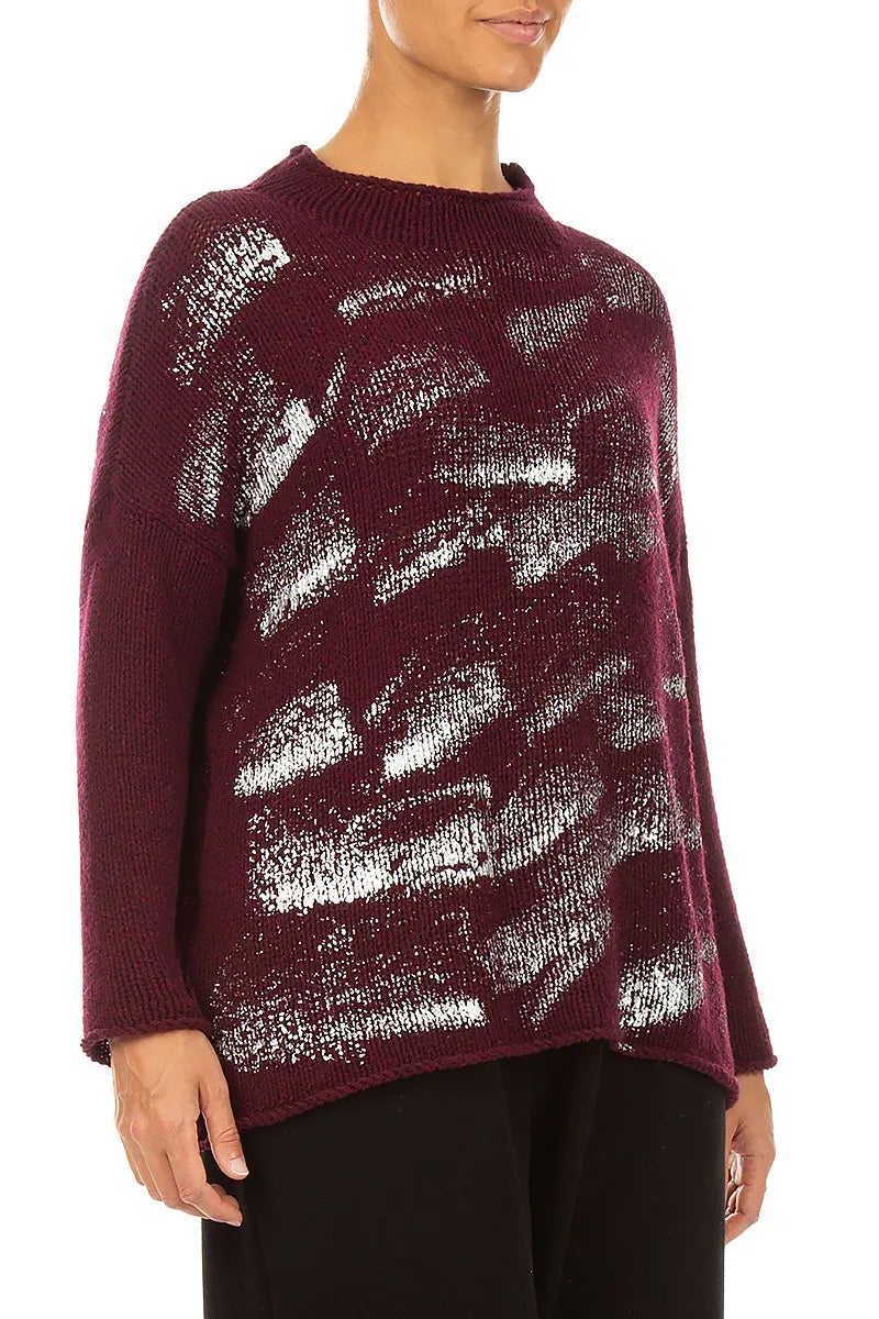 Boxy Deep Red Silver Metallic Merino Wool Sweater 3