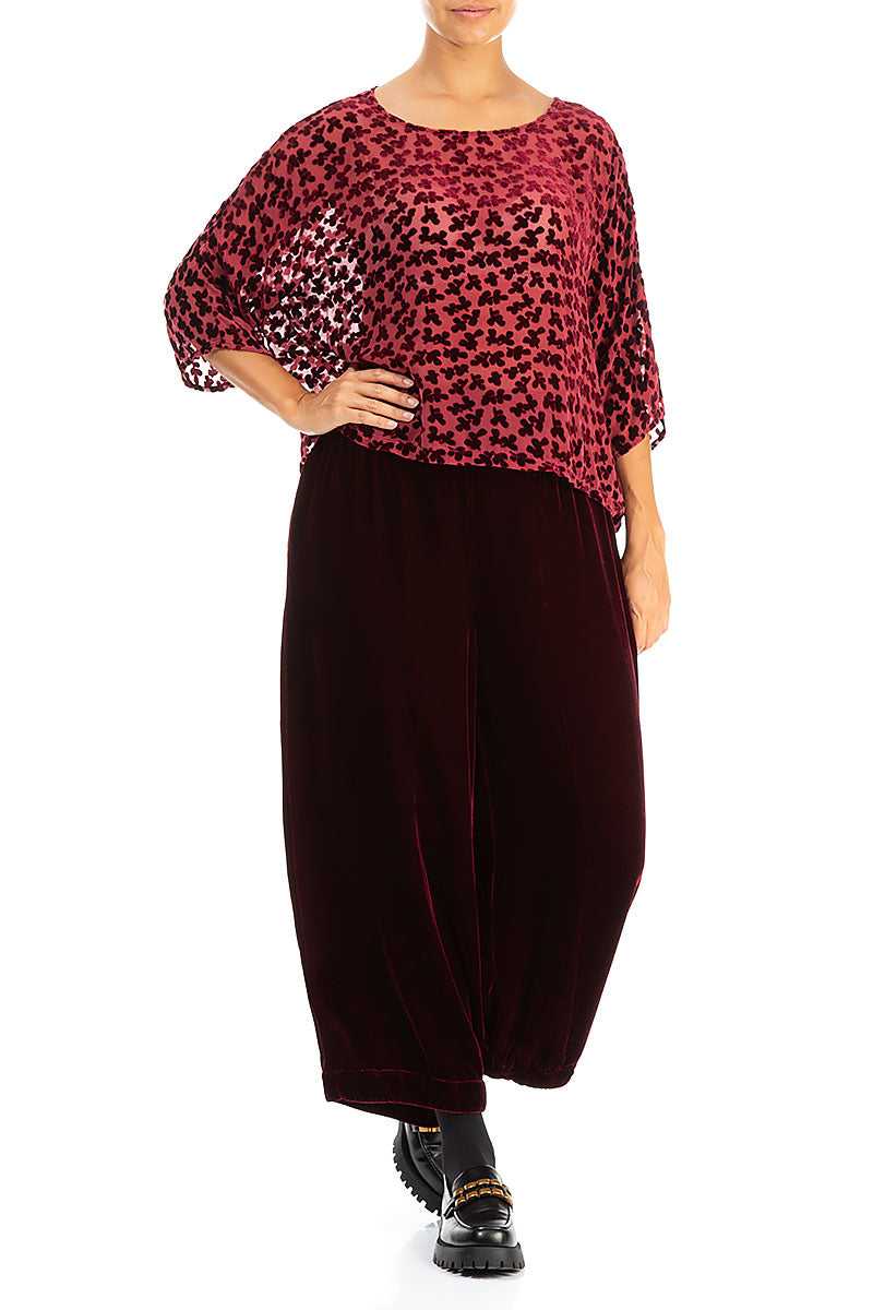 Boxy Devoré Petals Claret Silk Velvet Blouse 4
