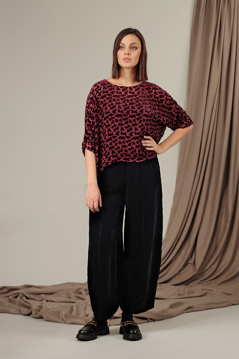 Boxy Devoré Petals Maroon Silk Velvet Blouse 6