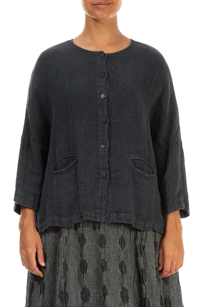 Boxy Graphite Textured Linen Jacket Blouse 2