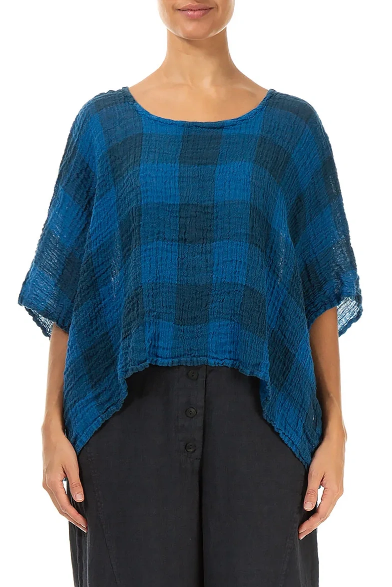Boxy Large Check Cobalt Blue Gauze Linen Blouse 1
