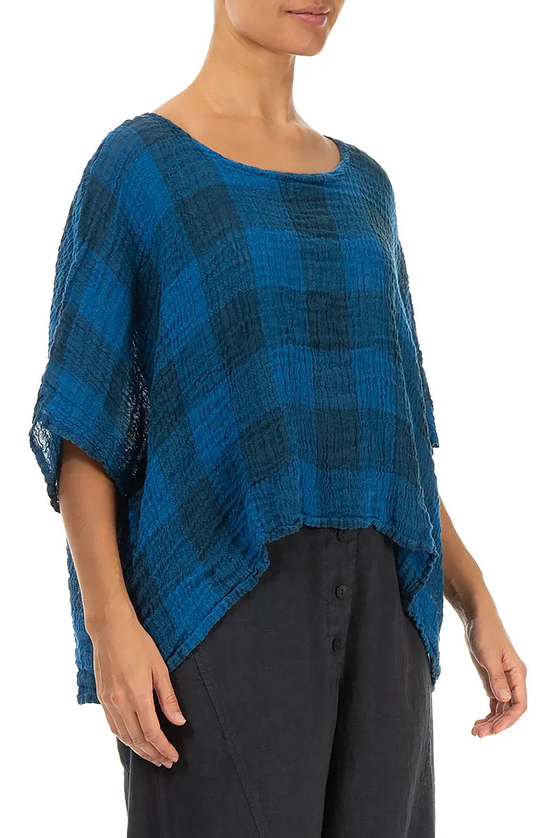 Boxy Large Check Cobalt Blue Gauze Linen Blouse 3