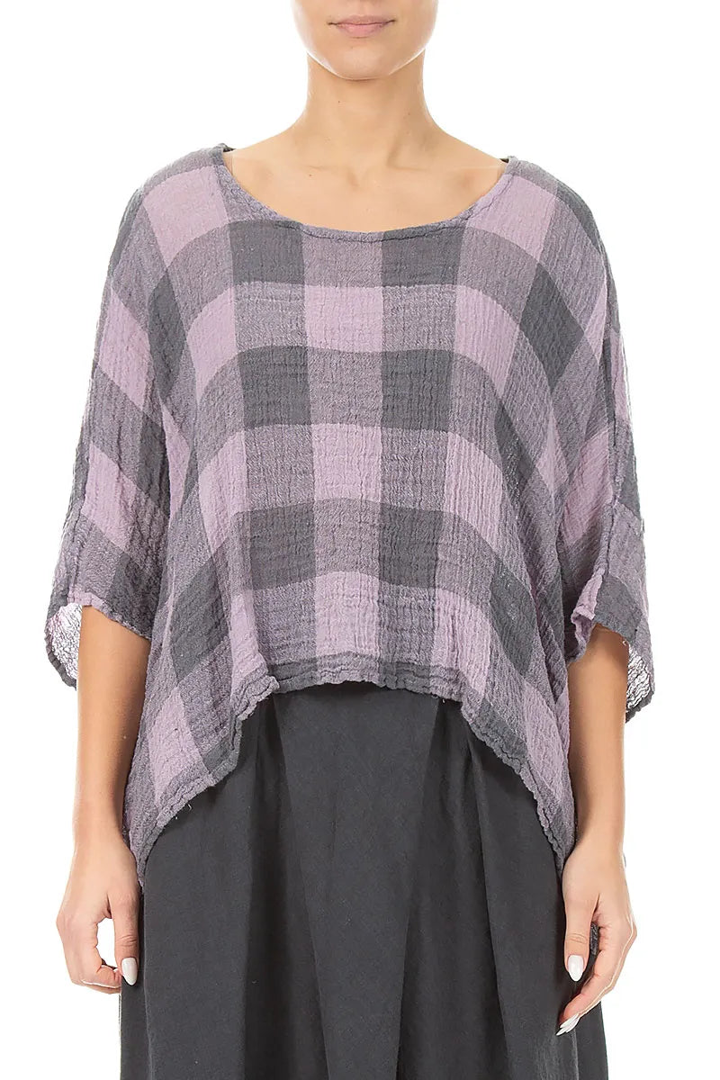 Boxy Large Check Lilac Gauze Linen Blouse 1