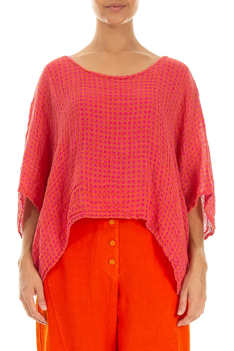 Boxy Pink Orange Check Gauze Linen Blouse
