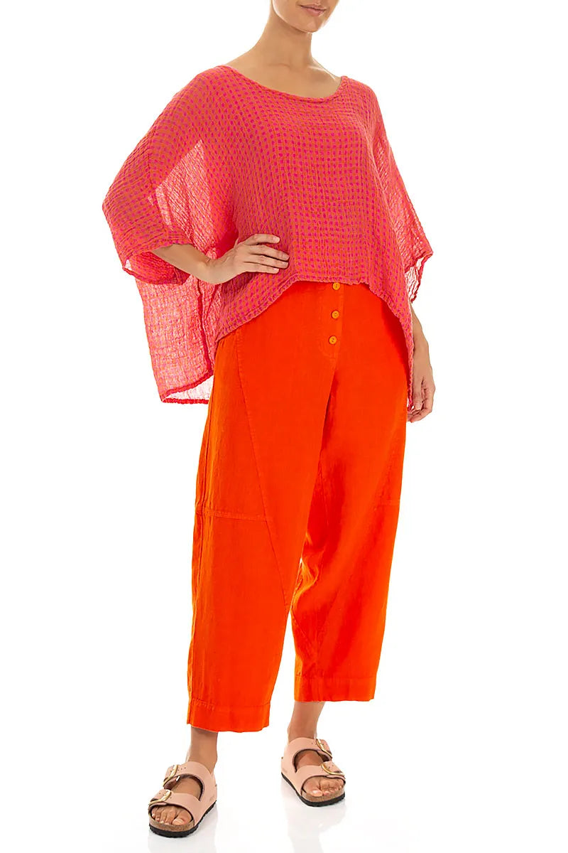 Boxy Pink Orange Check Gauze Linen Blouse