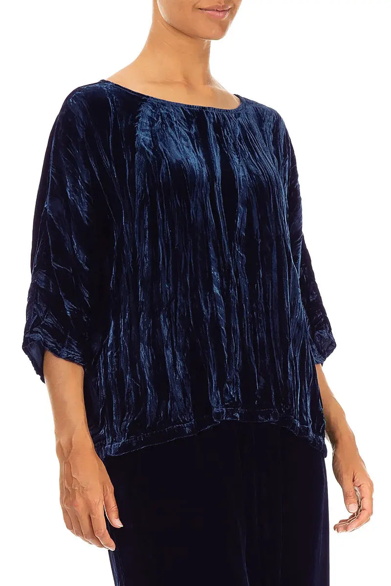 Boxy Royal Blue Crumpled Silk Velvet Blouse