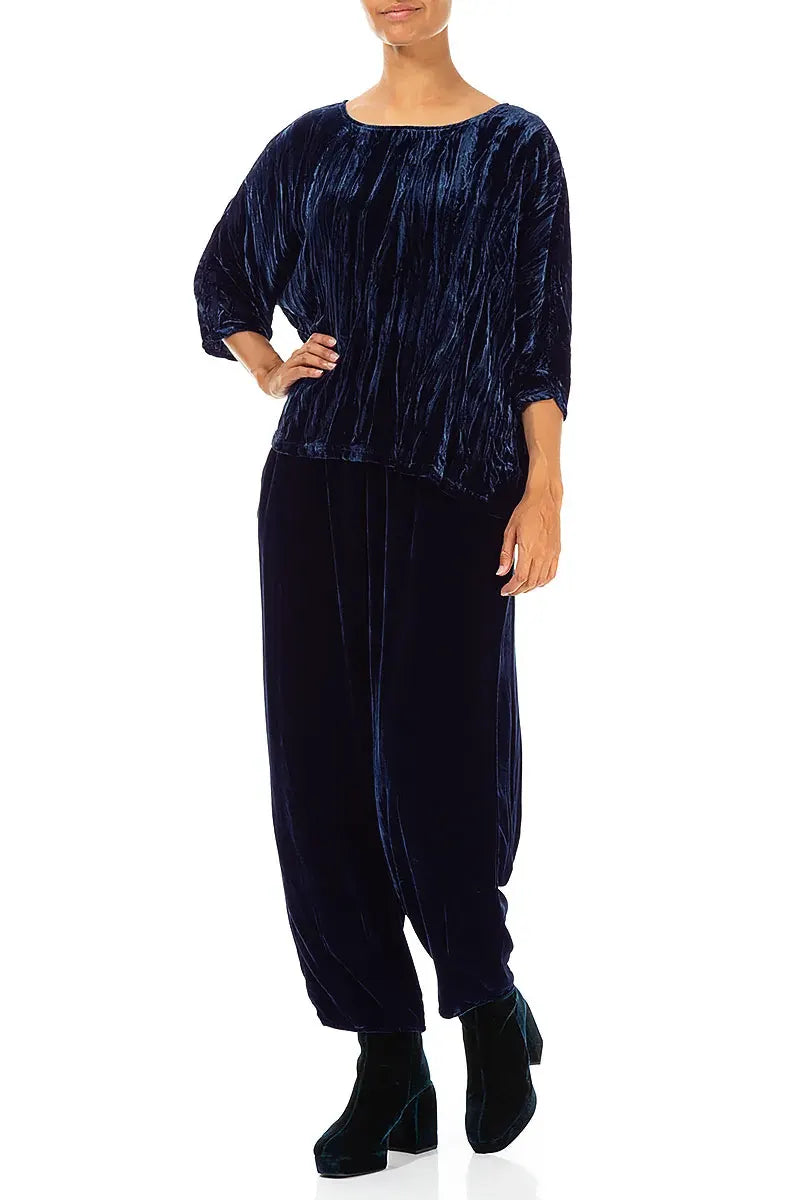 Boxy Royal Blue Crumpled Silk Velvet Blouse