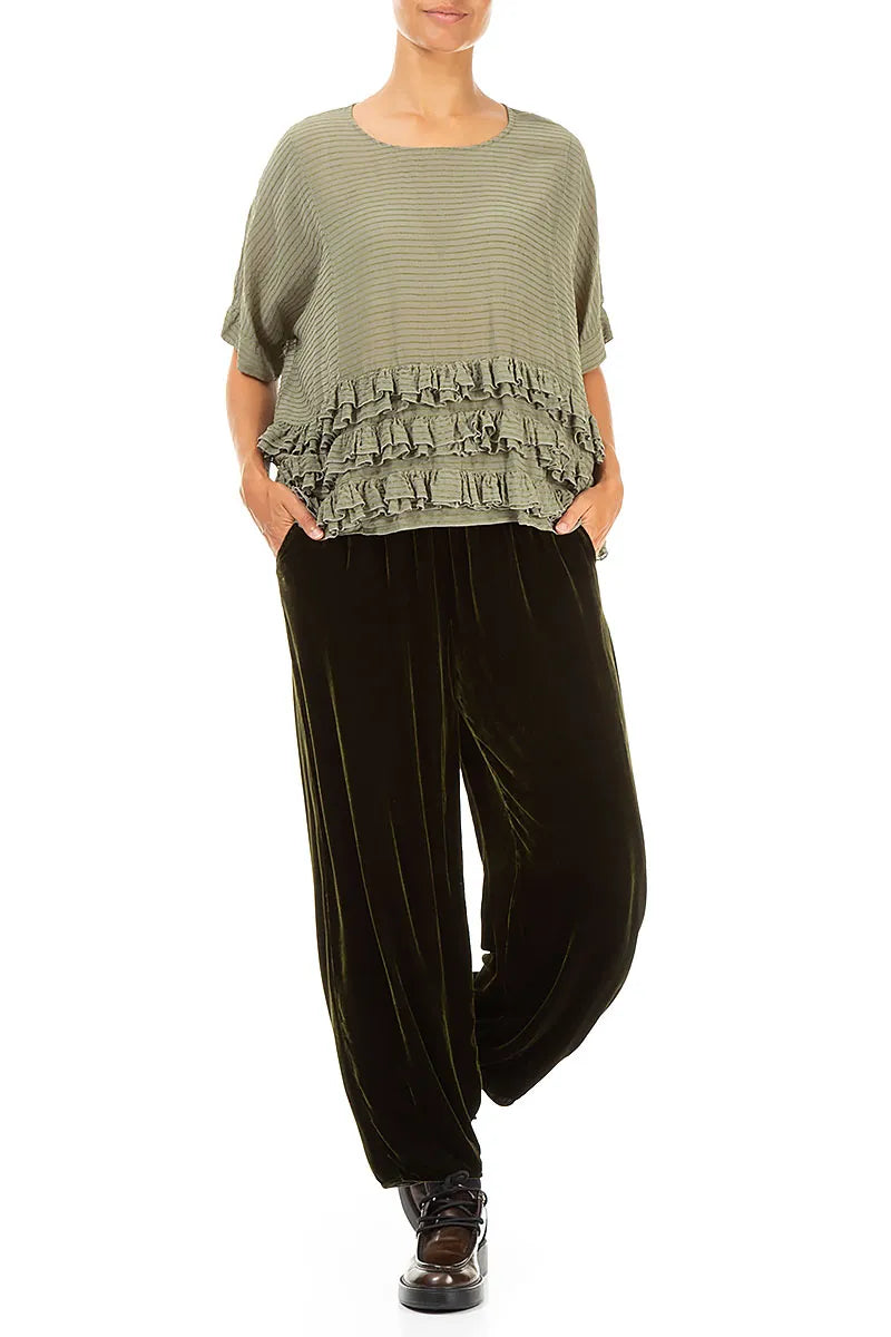 Chemisier carré à volants en soie et viscose couleur brume forestière