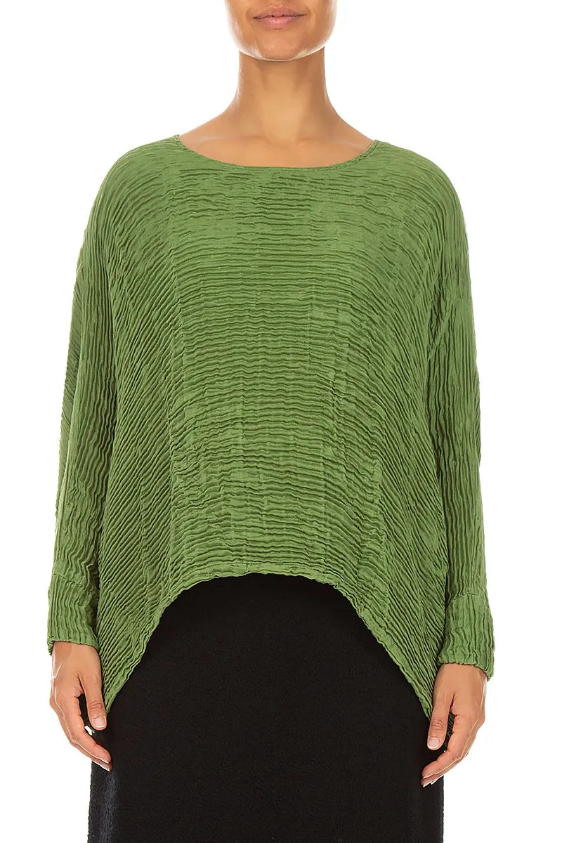 Boxy Shamrock Green Plissé Silk Blouse