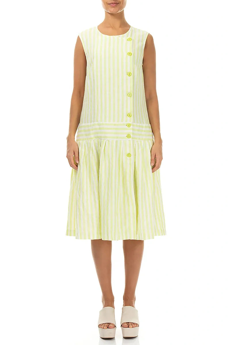 Button Detail Lime Striped Linen Dress 1