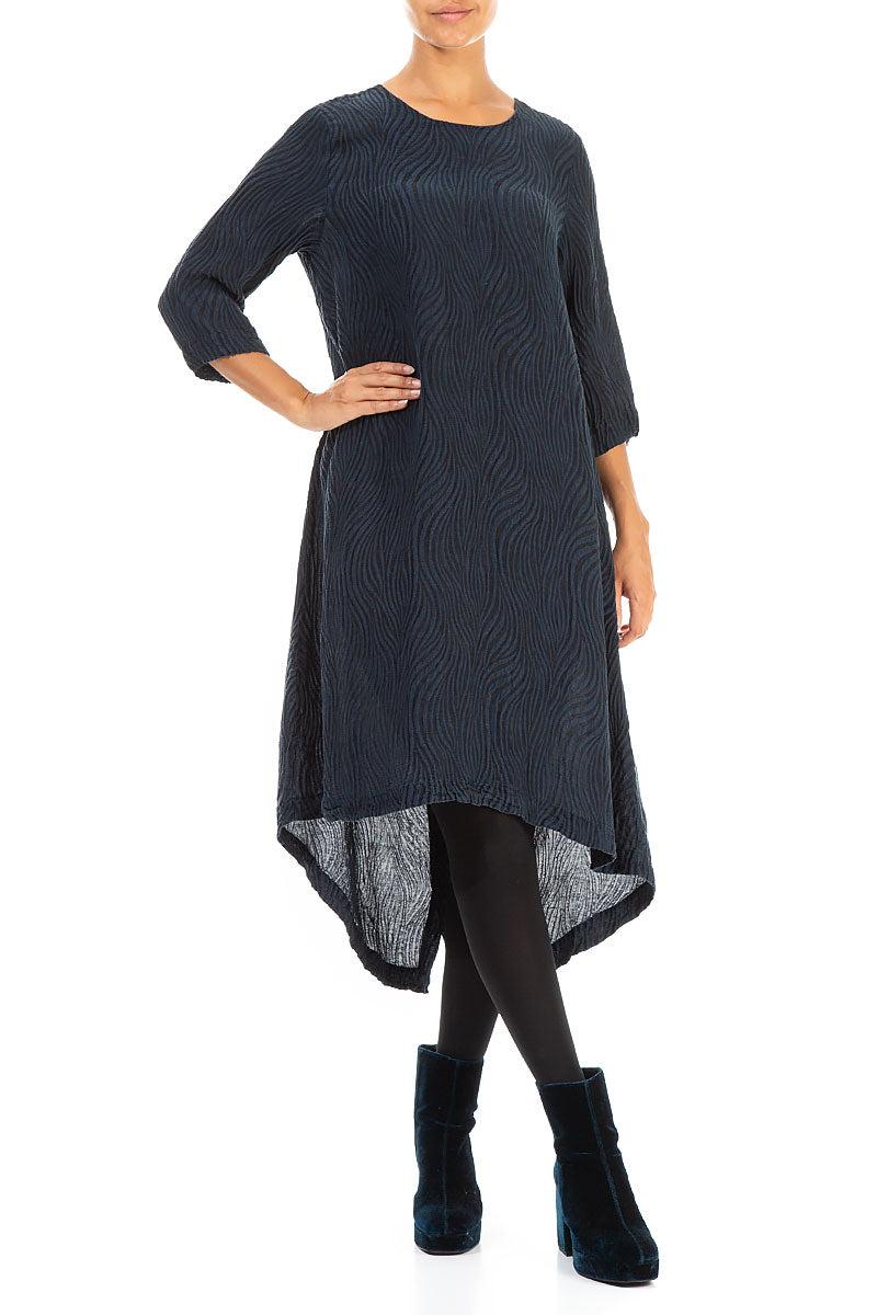 Buttoned Back Waves Navy Silk Dress 4