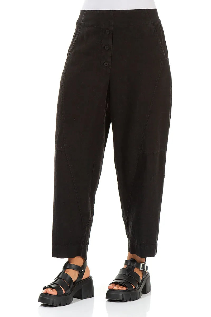 Buttoned Black Linen Trousers 3