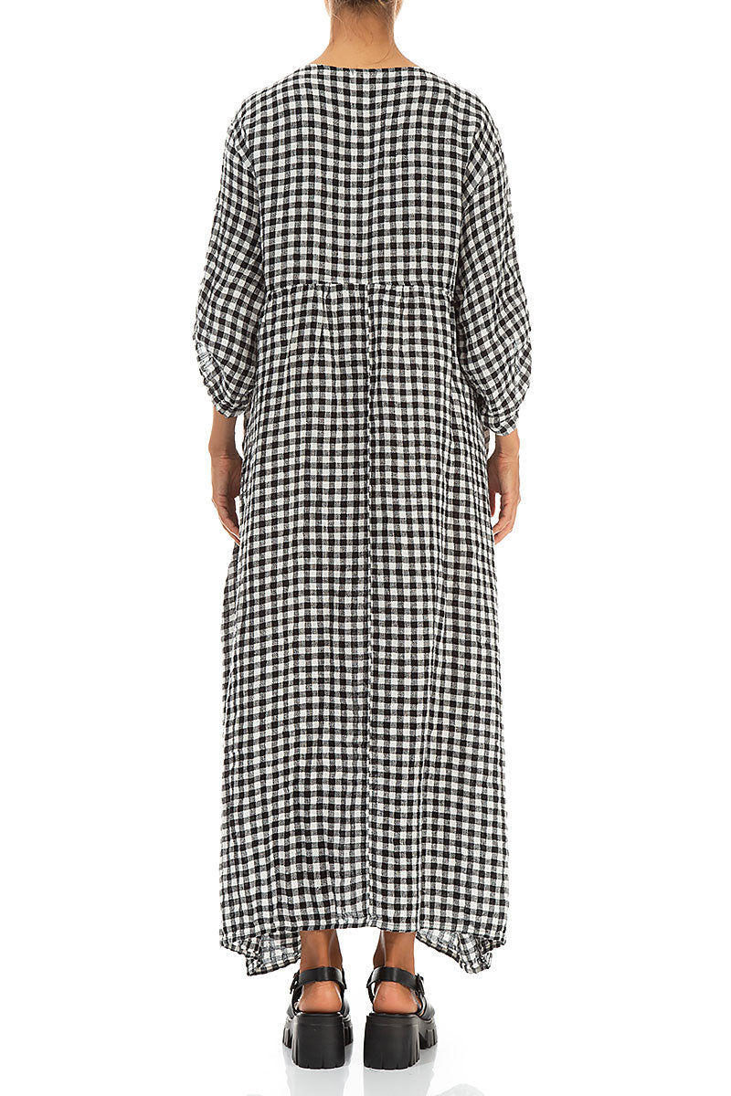 Buttoned Black & White Check Linen Dress 2