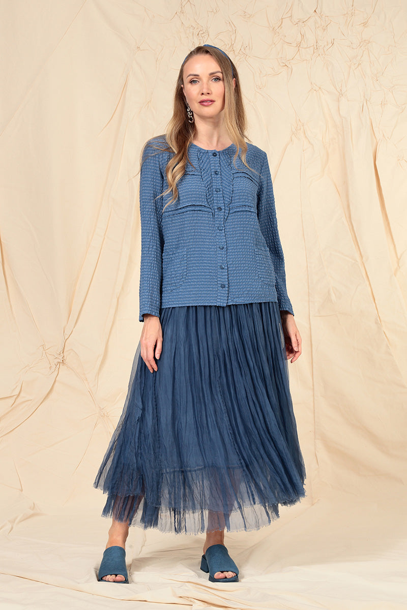 Buttoned Blue Nova Textured Silk Blouse 6