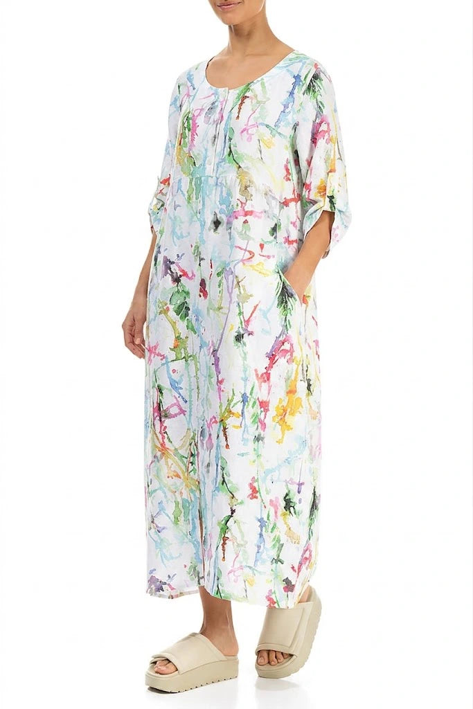 Geknöpftes Leinenkleid mit Farbspritzern