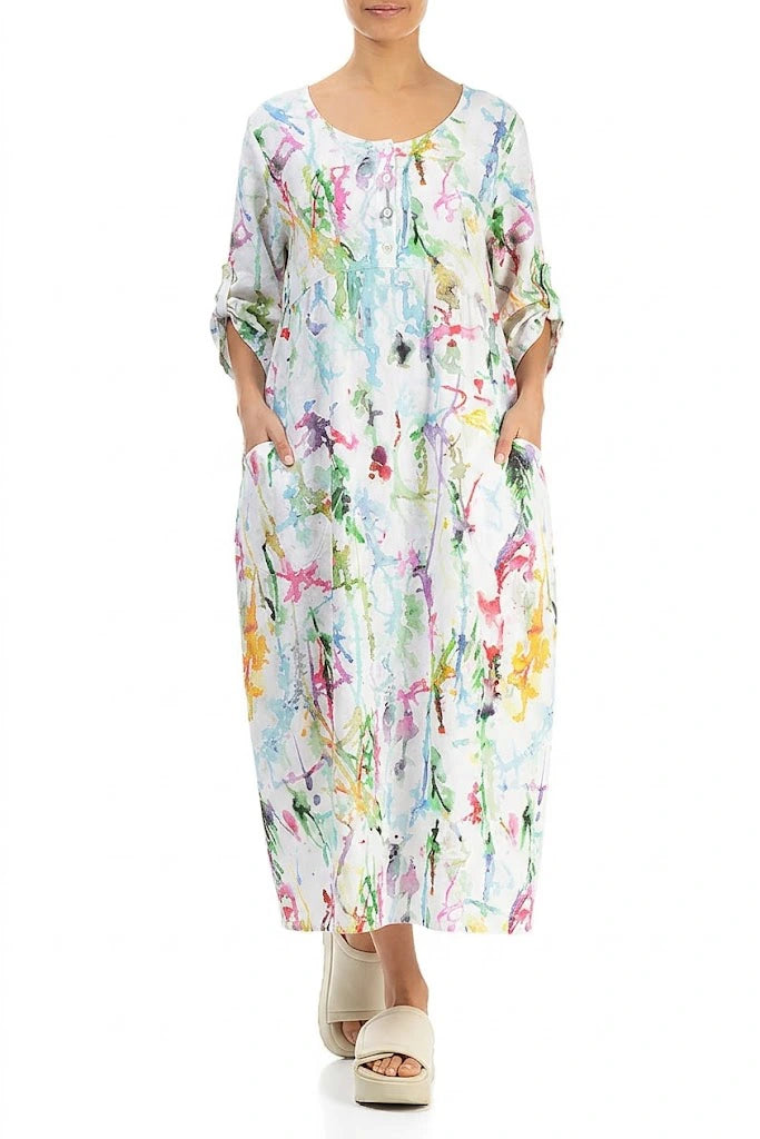 Geknöpftes Leinenkleid mit Farbspritzern