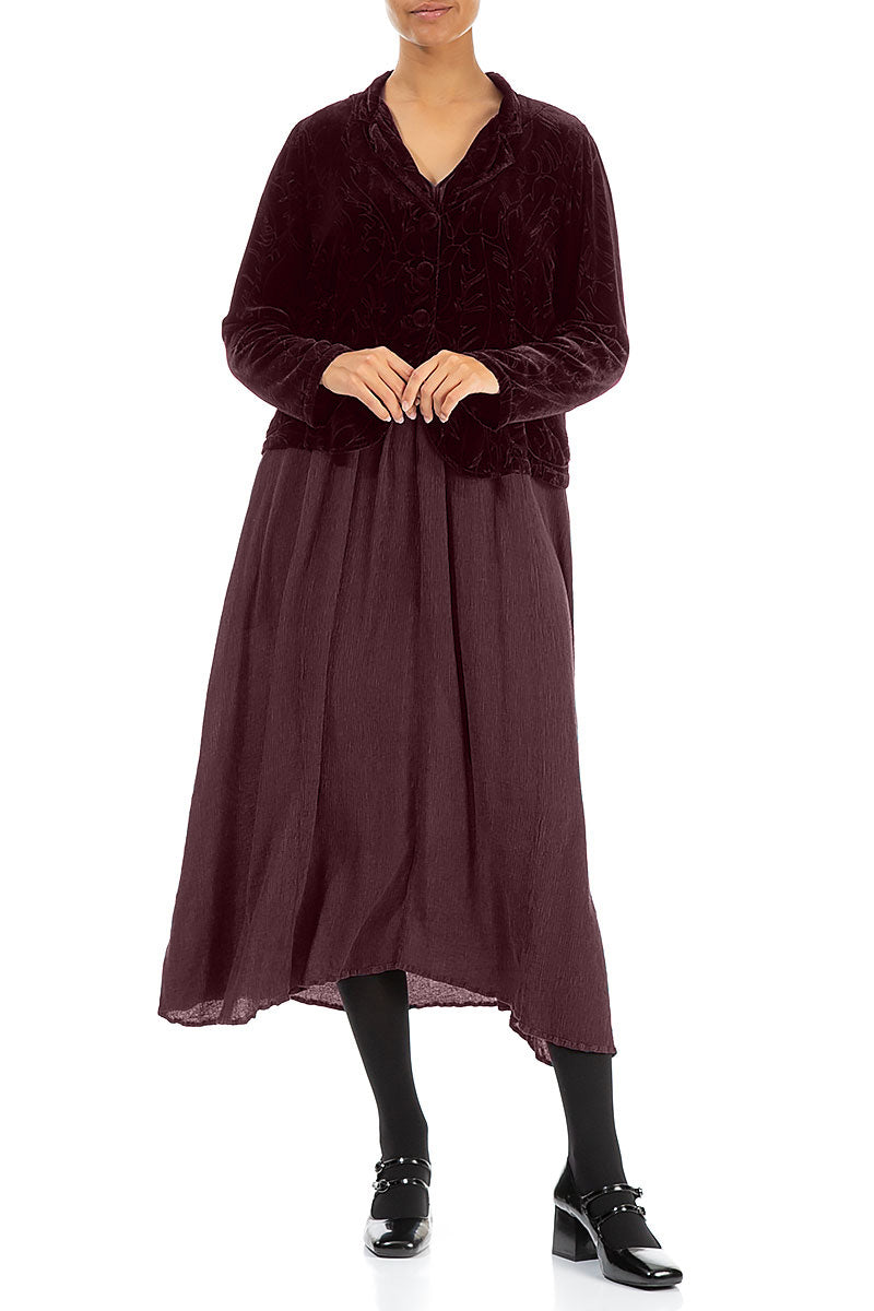 Buttoned Devoré Feather Merlot Silk Velvet Jacket